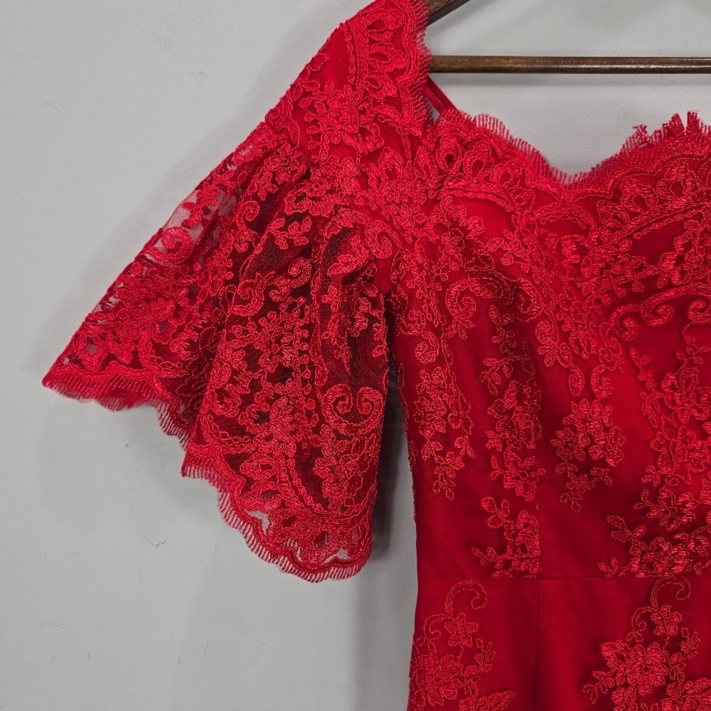 Badgley Mischka Sheath‎ Dress 8 Red Lace Flutter Sleeves Cocktail Romantic - Picture 2 of 16